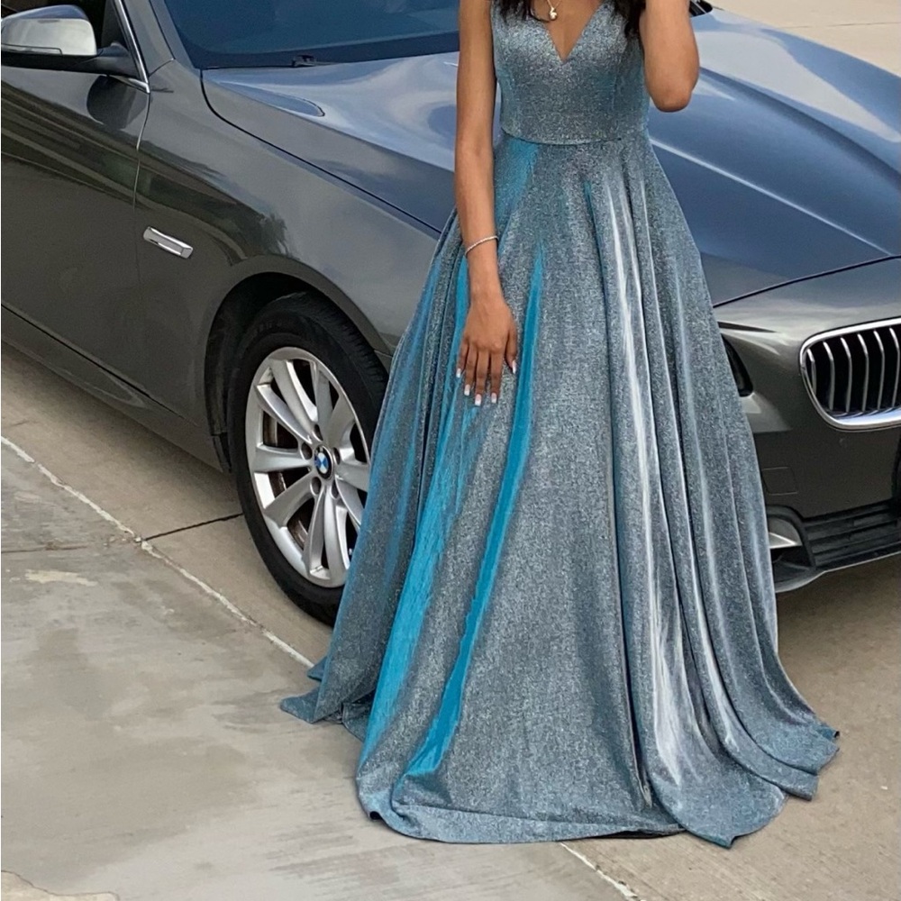 Windsor Blue and Silver V-Neck Prom Gown